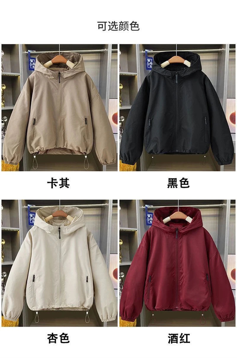 2026 Autumn Women's Coat Hooded Jacket Long Sleeve Zipper Pockets Casual Windbreaker Basic Jackets Outerwear Splicing Hooded E25