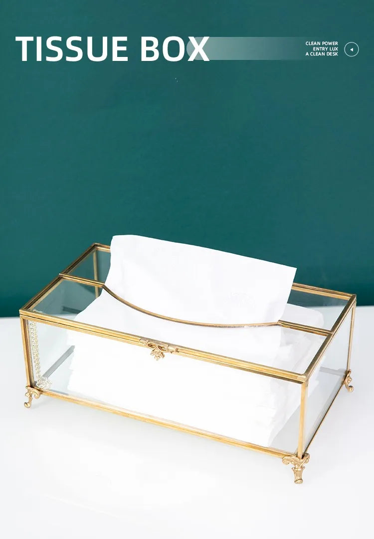 Vintage Brass Glass Tissue Box Living Room paper Storage Holder Tea Table Desktop Paper Box Hotel Restaurant Tissue Organizer