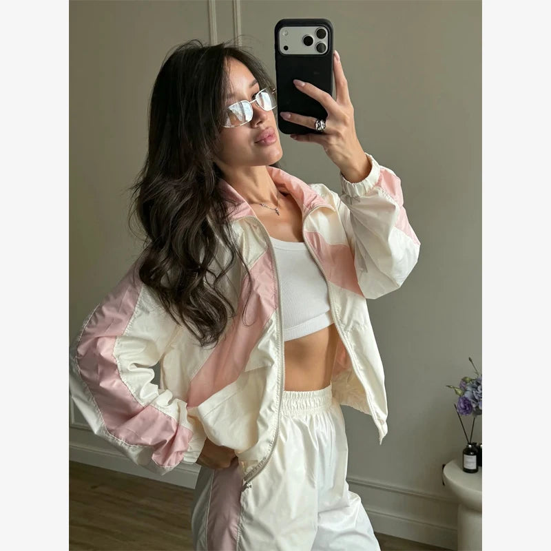 Lady'snavy Chevron Stripe Windbreaker Tracksuit Zip Cropped Jacket Contrast Trim Shorts 2026 Casual Sport Daily Jogging Street