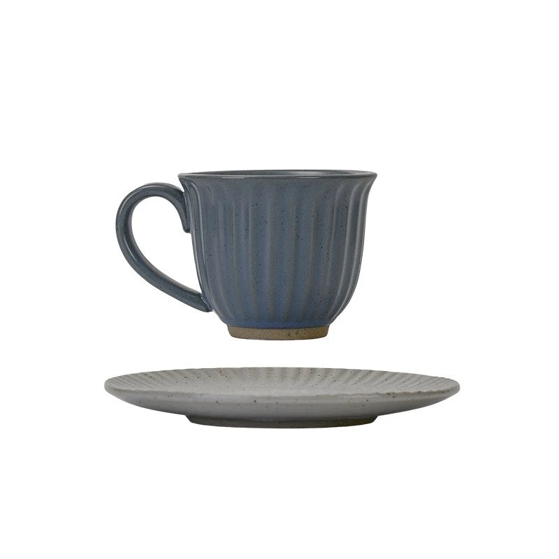 A Set of Cups and Plates Coffee Cup Retro Style Ceramic Striped Office Afternoon Tea Coarse Pottery Drinking Water Milk Cup