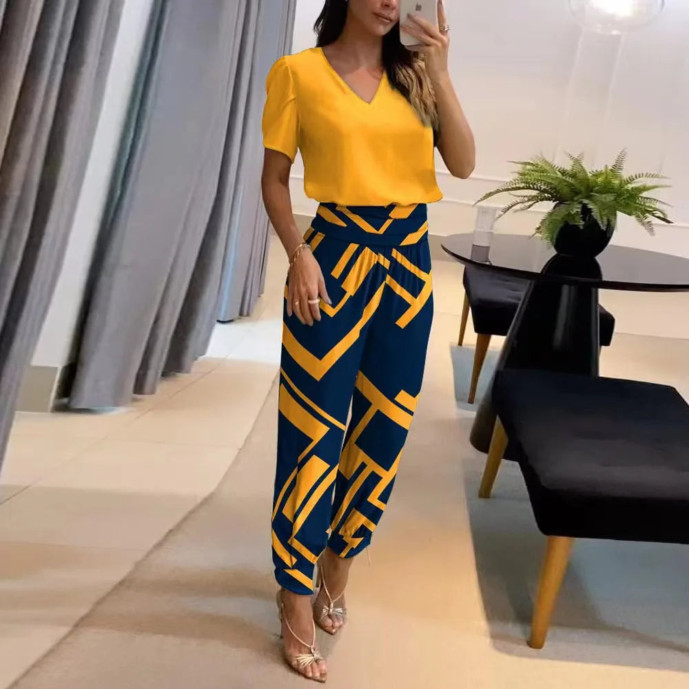 2025 New Long Pant Sets Summer Fashion Casual V-neck Print Short Sleeve Trousers Suit Two-piece Set 2 Piece Sets Women Outfit