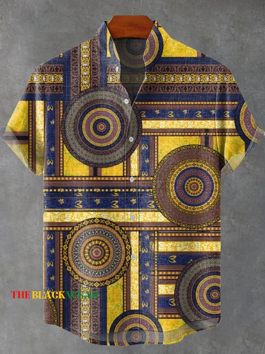 New Retro Tribal Totem Pattern Printing men's New Linen Comfortable Fabric short-sleeved Shirt Tribal Ethnic Style Fast Delivery