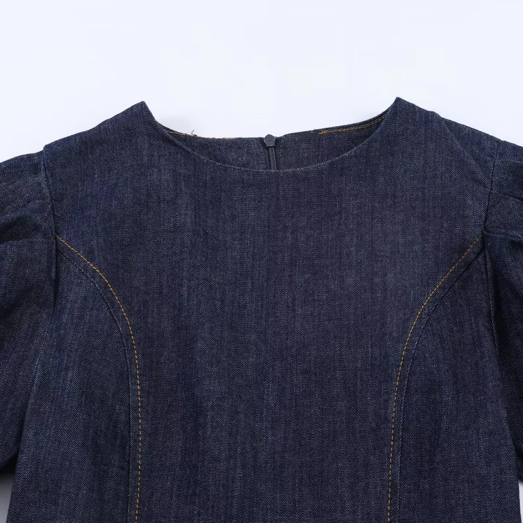 HH Summer Women Fashion O-Neck Bubble Sleeve Denim Dress Back Zipper Sexy Solid Dress Woman Holiday Party Mini 2026 Dress