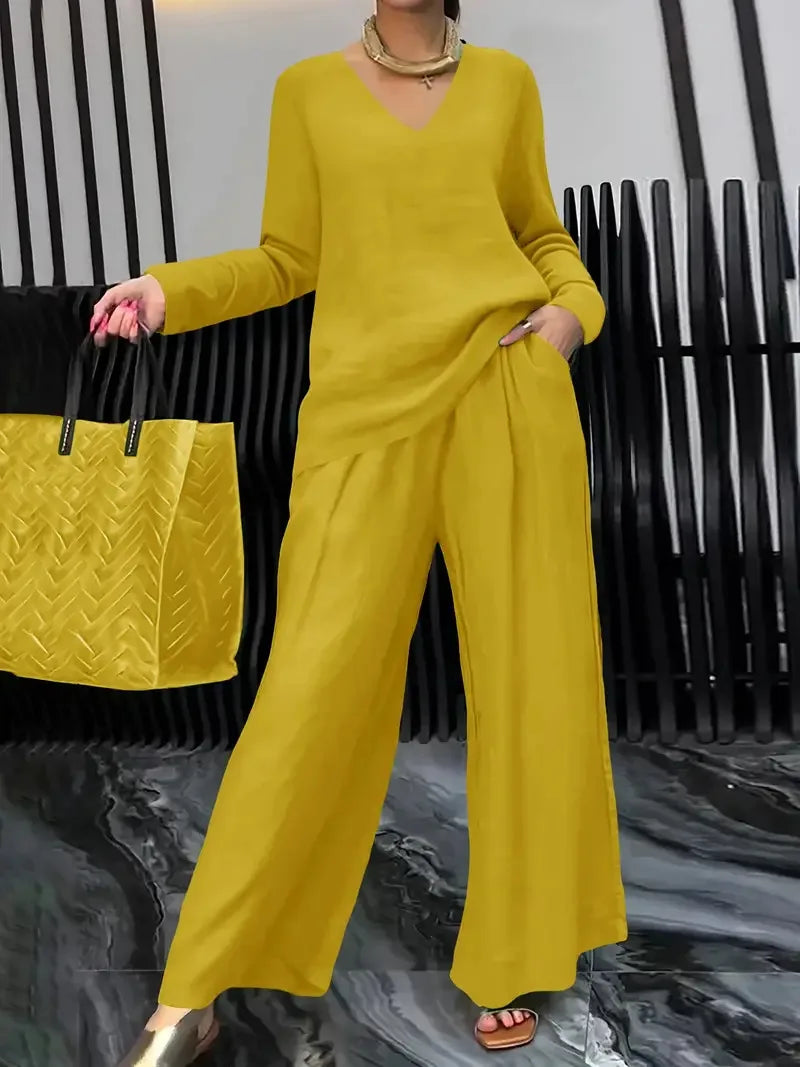 Summer New Pant Sets Fashionable V-neck Top+ Long Pants 2 Piece Set 2026 Women's Casual Loose Outfit Two Pieces Set Female Suit