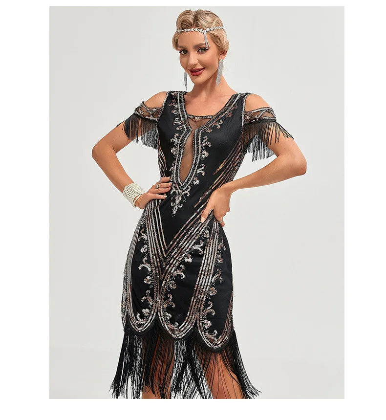 Vintage 20s 1920s Dress The Great Gatsby Womes Sequins Tassel Fringe Evening Dress New