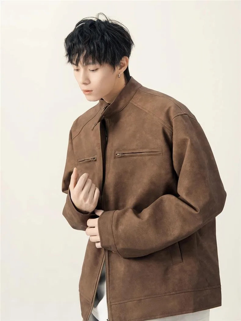 Men's American Retro Brown Leather Jacket Men Motorcycle Er Jacket Casual Baseball Varsity Coat Couple Streetwear Outerwear