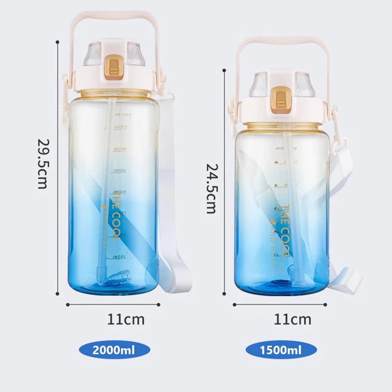 1.5/2 Liter Water Bottle Portable Plastic Sports Bottle With Straw Strap Large Tumbler Gym Travel Juice Drinking Bottle BPA Free