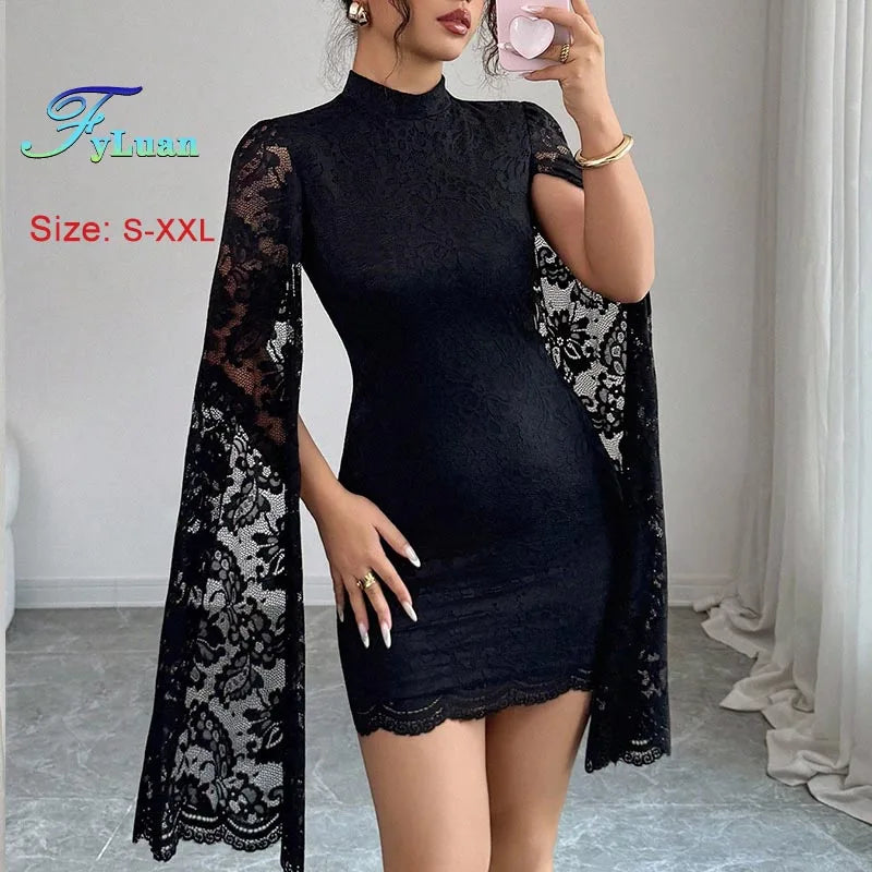 2025 New Women Mini Dress Fashion Lace Stand Collar Long Sleeves With Slits Bodycon Dress Sexy Nightclub Party Prom Slimmin Gown