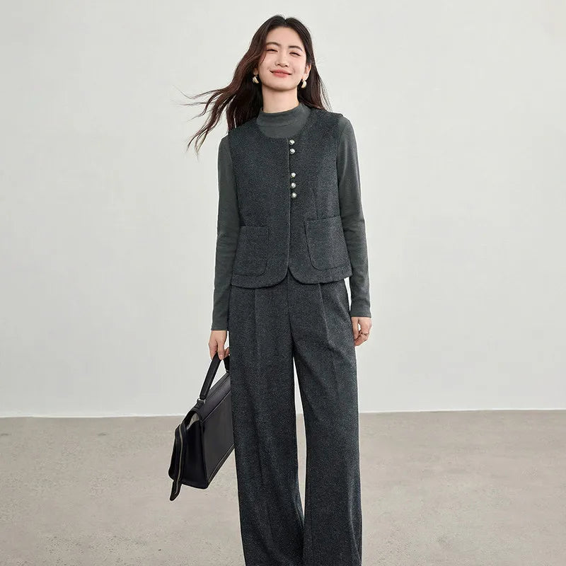 SENTUBILA Women's 2 Piece Pants Set 2026 New O Neck Waistcoat Straight Pant Winter Office Lady Wool Blend Female Suit 154ZA6093