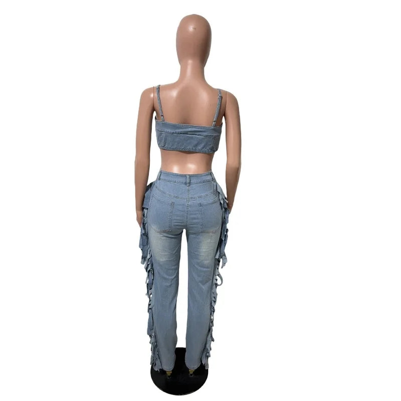 Slergiri Sexy Backless Spaghetti Strap Fringe Denim Jumpsuit Women Fashion New 2026 Summer Zipper Front Ripped Jeans Jumpsuit