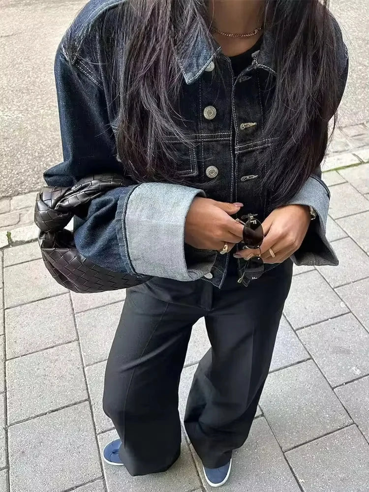 HH Women Fashion Denim Set Casual Lapel Long Sleeve Crop Jacket Buttons Female Vintage Wide Leg Loose Jeans Long Pants