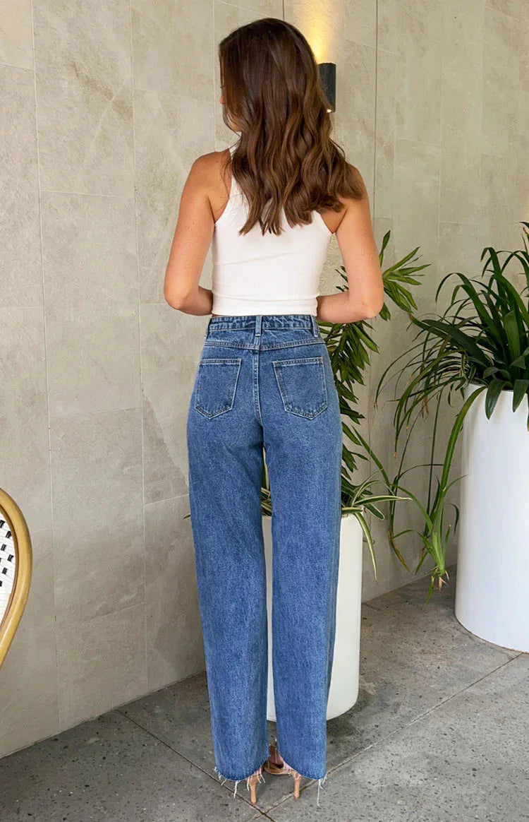 Fashionable Casual Rhinestone Frayed Straight Leg Jeans Women's Long Pants Cotton Natural Waist Comfortable Fit Spring Season