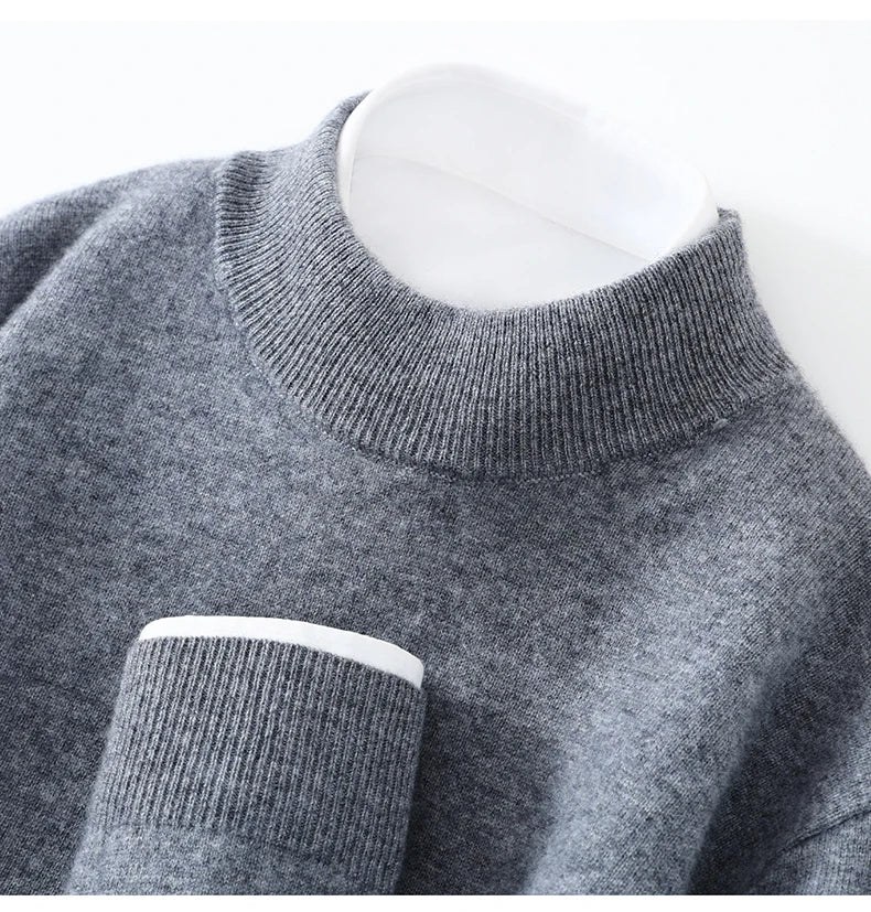 Autumn/Winter Men's 100% Pure Cashmere Pullover Business Casual Solid Knitted Sweater Loose Half High Neck Tops Thick Jumper
