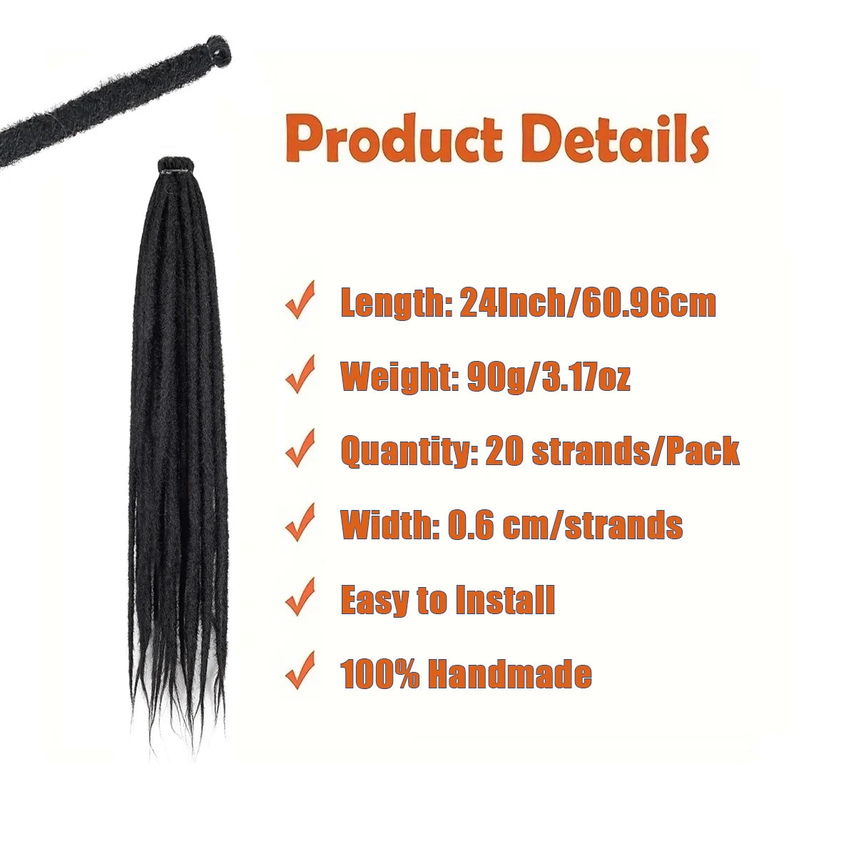 20Strands 24 Inch Synthetic Dreadlock Extensions Ombre Black 0.6cm Width Single Ended Hippie Reggae Style Crochet Hair for Men
