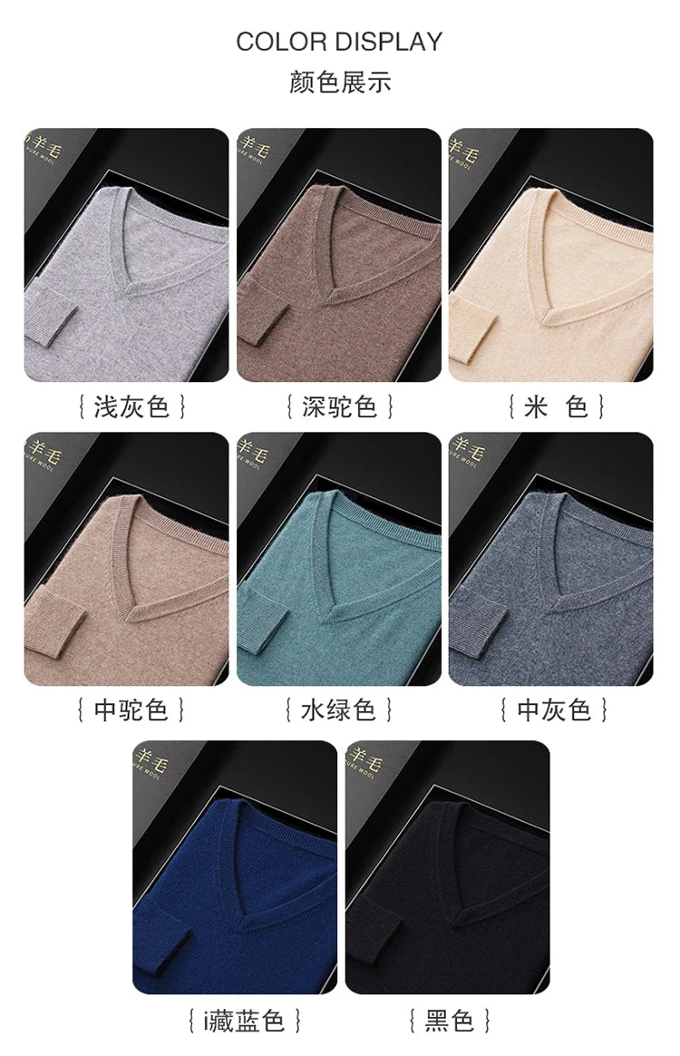 100% Merino Wool Men's V-Neck Pullover Autumn and Winter Basic Knit Versatile Sweater Casual Long Sleeve Shirt Cashmere Man Top