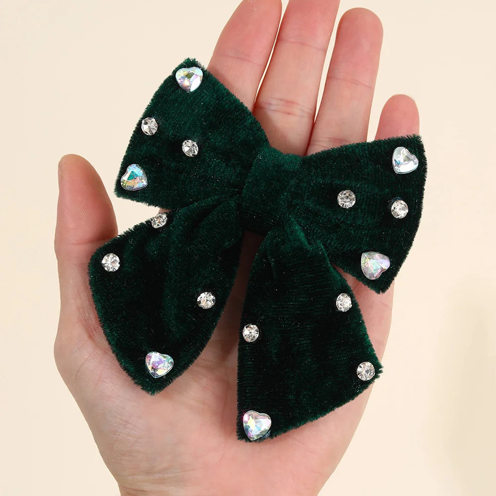 2Pcs Girls Velvet Bow Hair Clips Elegant Heart Shape Rhinestones Hairpins Vintage Burgundy Barrette Fall/Winter Hair Accessories