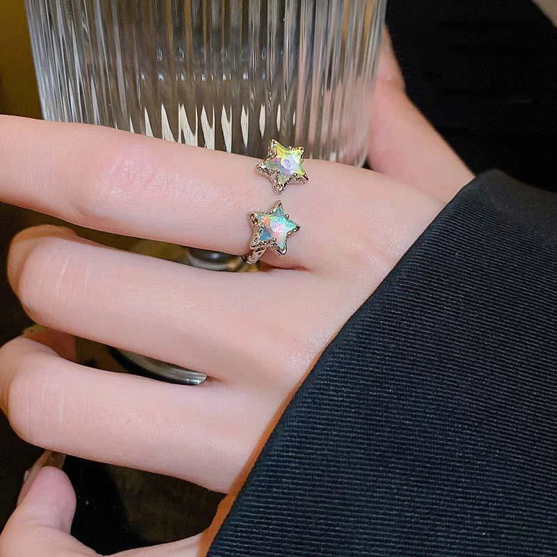 New Blue Planet Star Moon Rings for Women Zircon Rhinestone Pearl Open Finger Rings Sweet Party Y2K Jewelry 2000S Girls Gifts