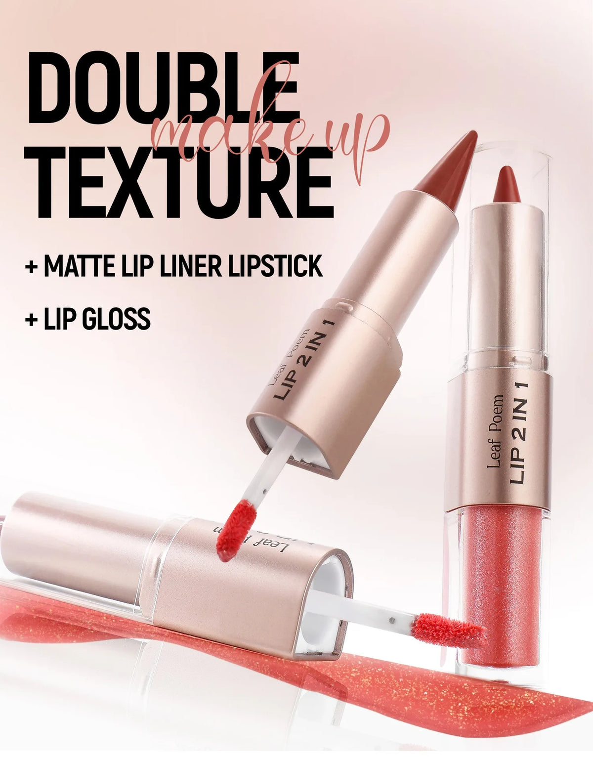 2 in 1 Lip Liner & Lip Gloss Waterproof Double Ended Matte Contour Pencil Crystal Mirror Lip Glaze Lasting Non Sticky Lip Makeup