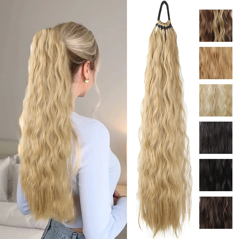 Synthetic Long Curly Hair Ponytail 24inch Wavy Ponytail Extensions with Elastic Hair Tie Women Hairpiece for Daily Party Wear