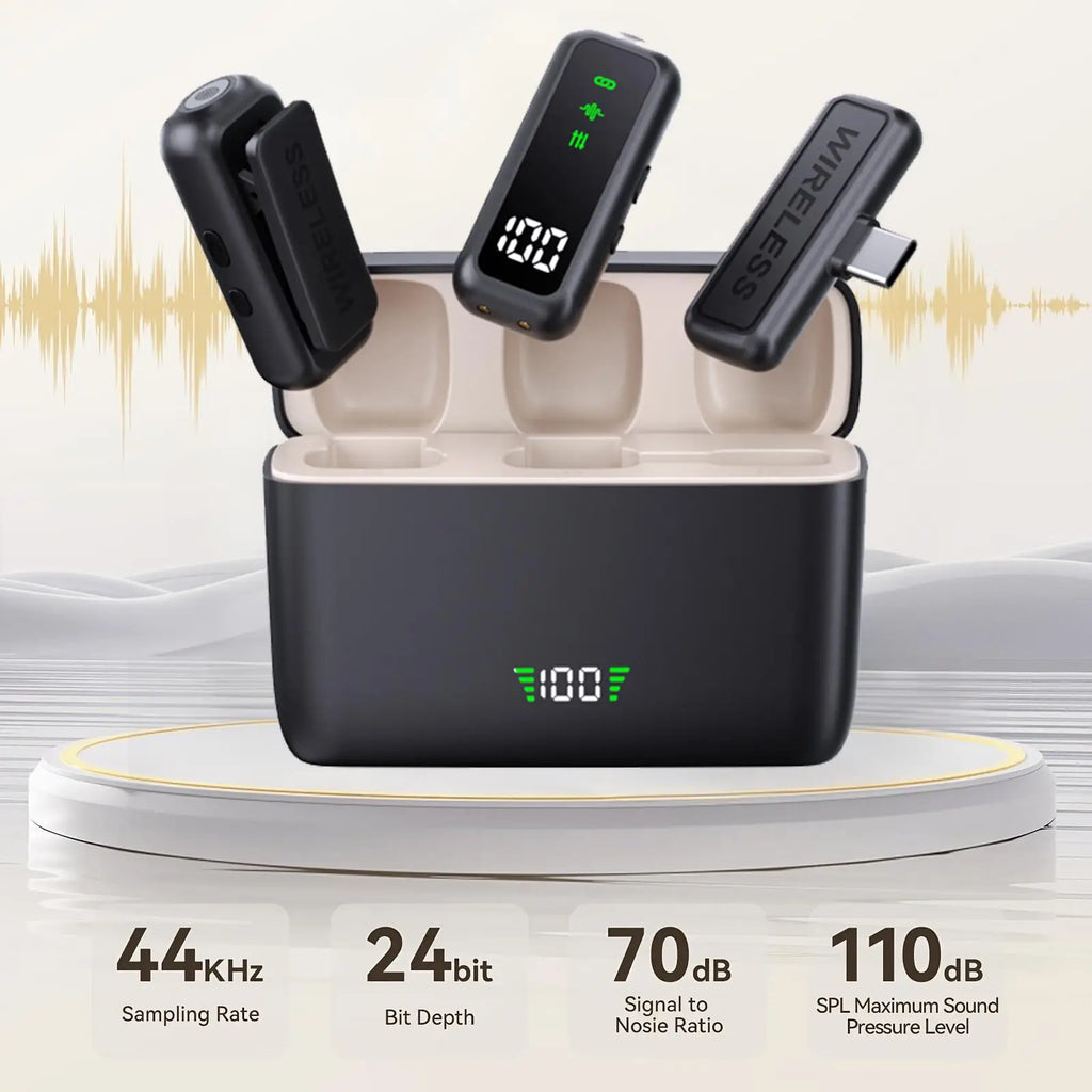 Wireless lavalier microphone with charging case, LED battery level display, 36-hour battery life, DSP noise reduction, 135-foot range, plug-and-play clip-on microphone, compatible with iPhone, iPad, Android, vlogging, and liv
