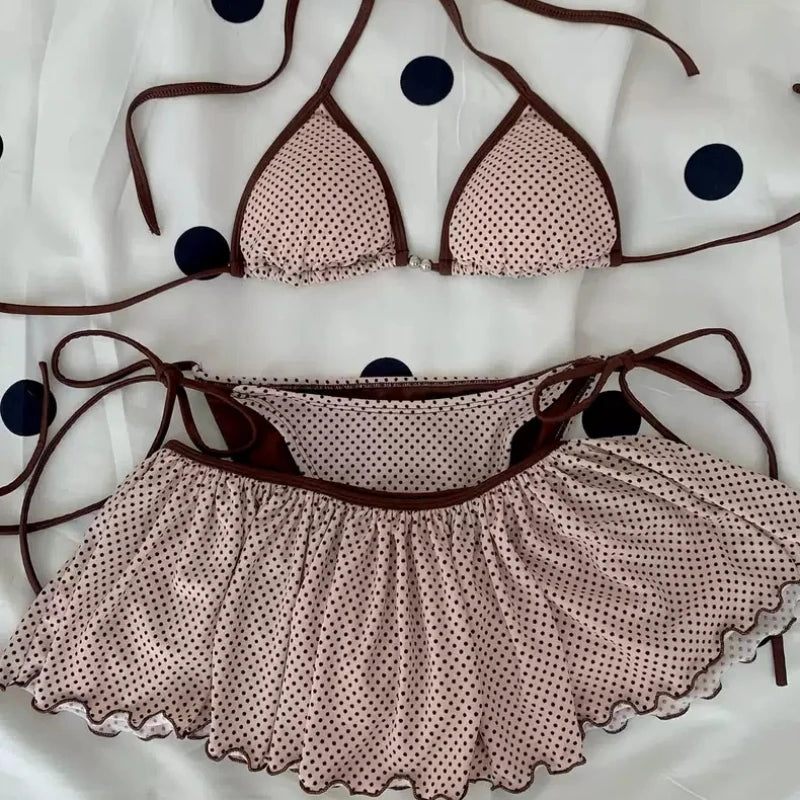 American retro sexy vacation style women's bikini three piece set summer Y2K Harajuku polka dot ruffle strap women's swimsuit