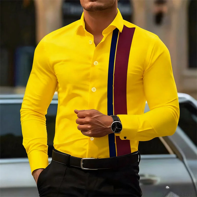 Men's fashionable contrast color striped long sleeve shirt European and American style business casual trendy casual men's shirt