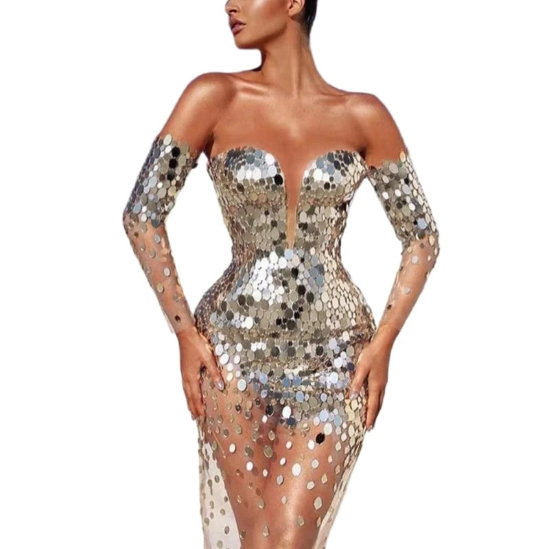 Long Sleeve Bare Shoulder Glitter Sequined Dress See Through Mesh Spliced Bodycon Party Cocktail Evening Dress for Women