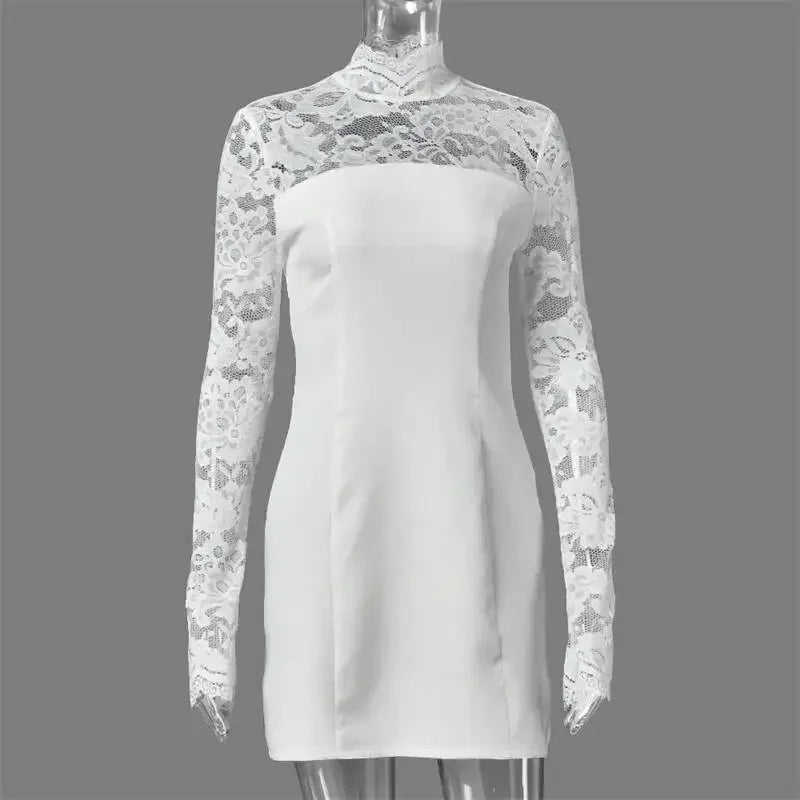 Women Elegant Lace Patchwork Sexy Mini Dress Fashion High Neck Long Flare Sleeve Backless Bodycon Club Party Dresses