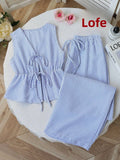 Vacay Pure Color Stripe Loose Summer Set Casual Versatile Holiday Outfit Women's Fashion Set Long Pants Sleeveless European S...