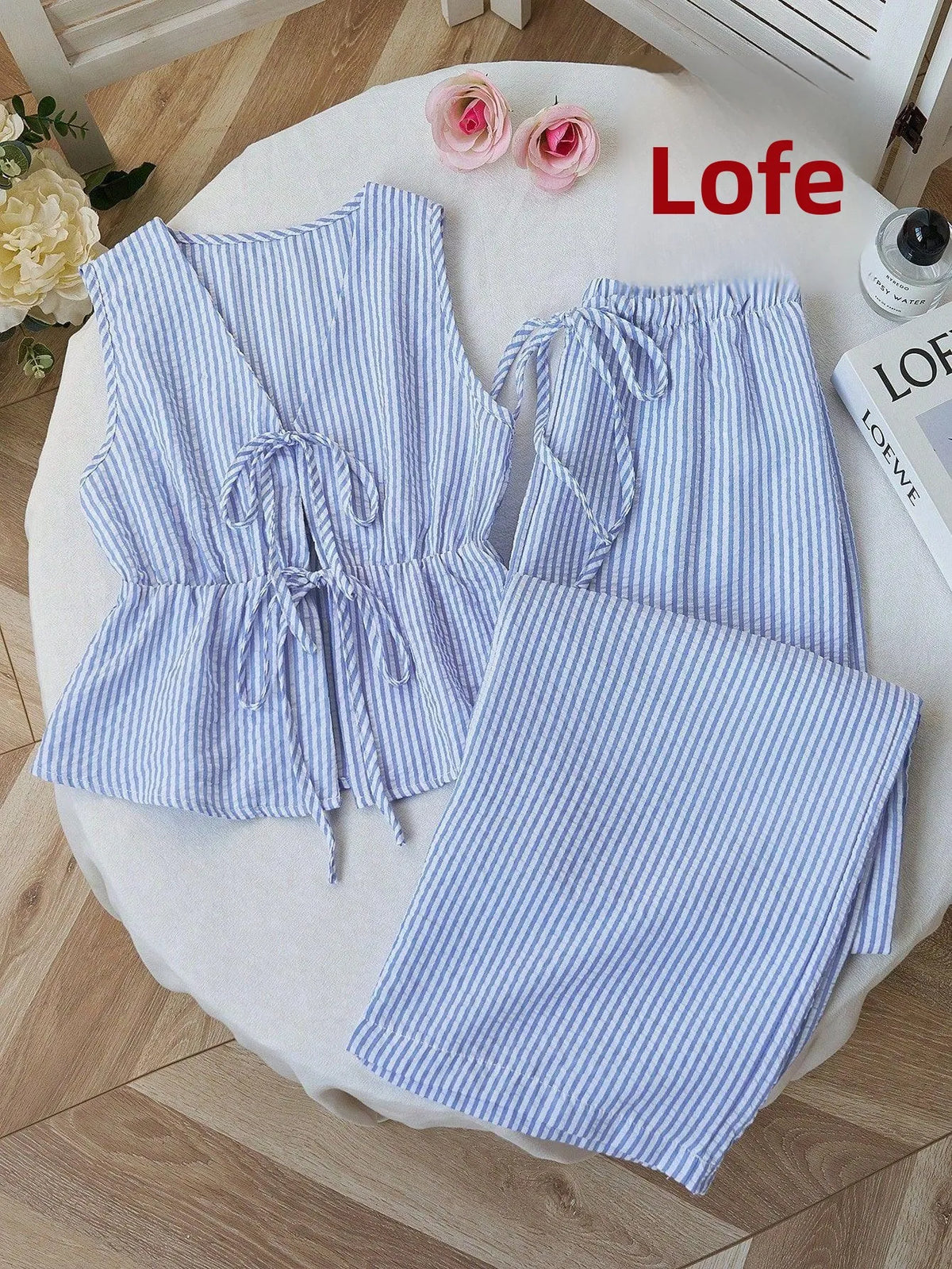 Vacay Pure Color Stripe Loose Summer Set Casual Versatile Holiday Outfit Women's Fashion Set Long Pants Sleeveless European S...