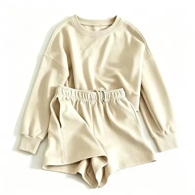 spring autumn Womens Round neck long sleeve Sweatshirt Two Piece Set Casual Sweatshirt+shorts Womens suit Daily Womens Tracksuit