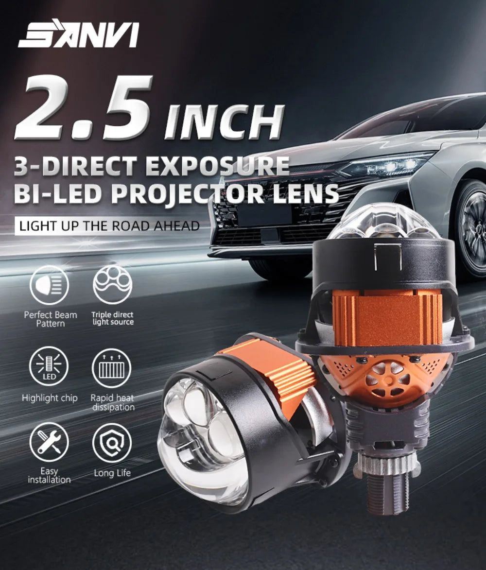 SANVI New 2.5'' Bi LED Projector Lens for Car Angel Eyes Headlight Auto H4 H7 9005 9006 3Auxiliary Light 50W 25680Lux RHD LHD