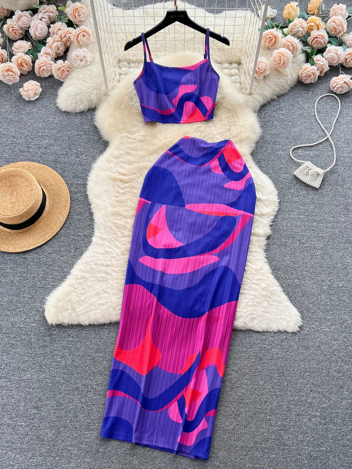 Retro Style Printed 2 Pieces Set for Women Fashion Summer Sleeveless Cropped Camis Top + Elastic Waist Bodycon Long Skirt Suits