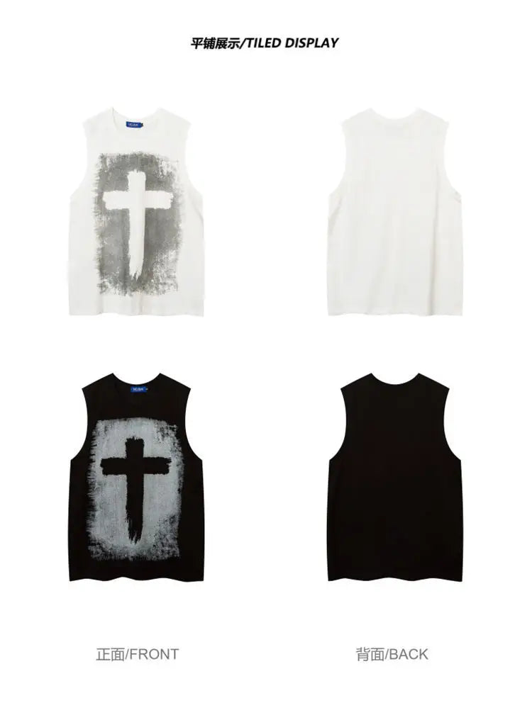 Men's Summer O-neck Sleeveless Short Sleeved Gothic Cross Printed Vests Trendy High Street American Retro Loose Casual Tank Tops