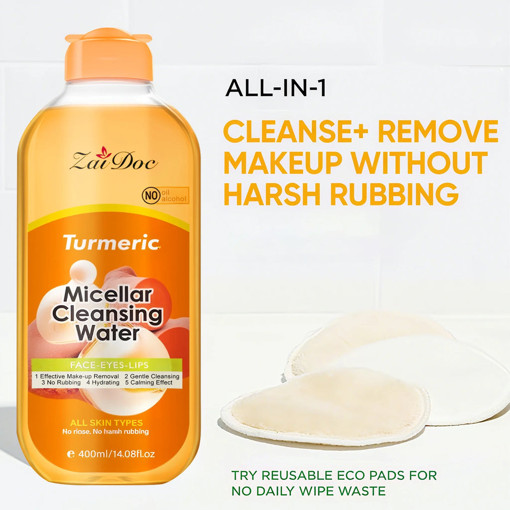 ZaiDoc Turmeric/Cherry Blossom Micellar Cleansing Water Makeup Remover No Rinse No Rubbing All Skin Types Face Eyes Lips 400ml Each