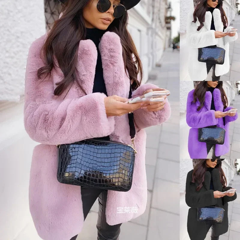 Women Spring Long Faux Fur Coat Jacket Autumn Winter Thick Warm Coats Woven Block Trend Fur White Black Coat Parkas Streetwear