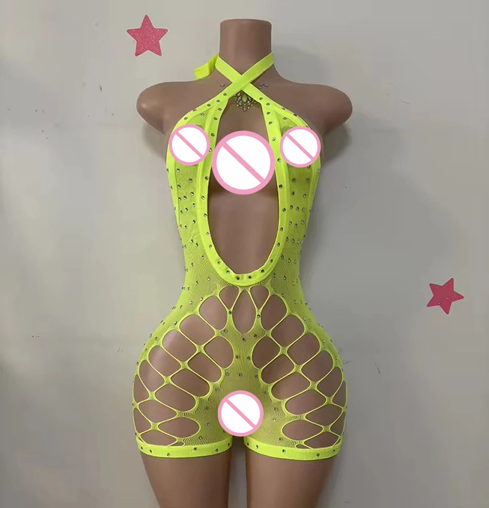 Sexy Designer Stripper Outfits Hollow-Out Rhinestone Halter Romper Women Playsuit Dancewear Ballrooms Performance Wear Jumpsuit