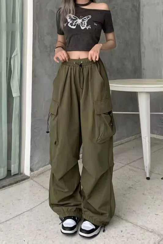 Women Streetwear Cargo Pants Elastic Waist Multi Pocket Loose Wide Leg Vintage Drawstring Casual Trousers
