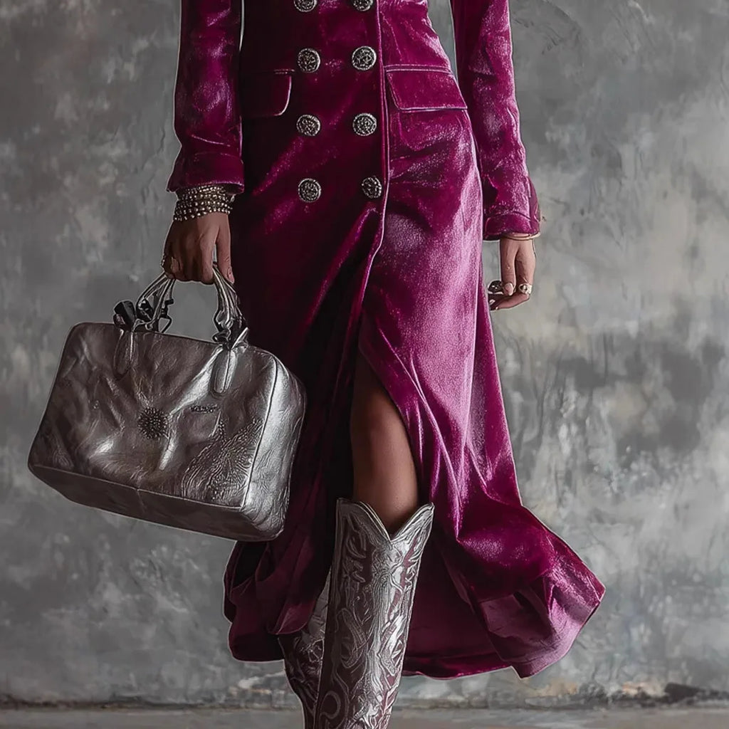 Velvet Double Breasted Dress for Women's Long Sleeve Lapel Collar Split Hem Elegant Vintage Casual Slim Fall Winter Midi Dress
