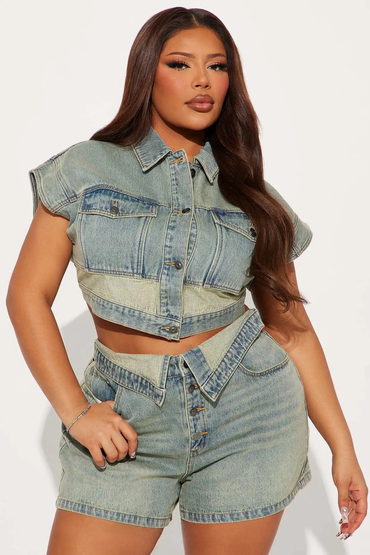 Shorts Sets Women Denim 2 Piece Suit Top Jeans Ensemble Summer 2025 Single Breasted Turn Down Collar Short Pants Vintage Outfits
