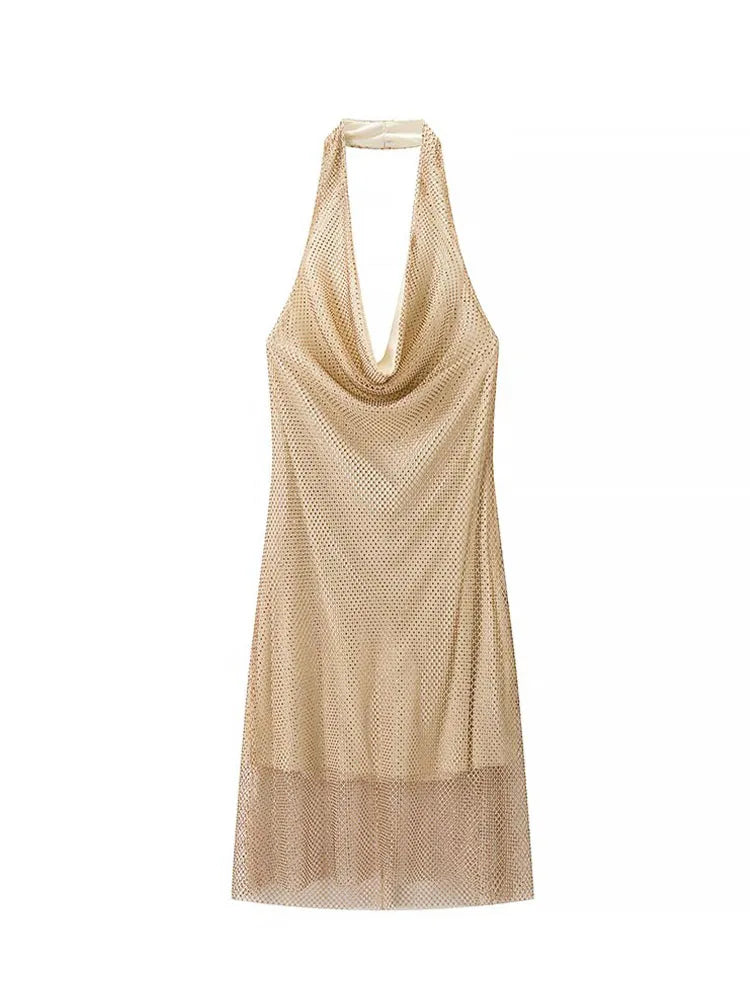 HH Women Summer Fashion Dresses Solid Swinging Collar Sleeveless Rhinestone Decoration Backless Zipper Female Sexy Mini Dress