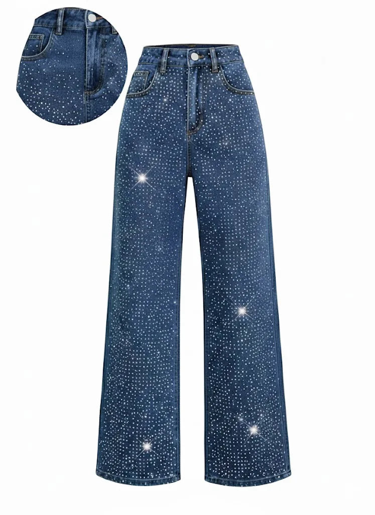 Women Diamonds Spliced Jeans Elegant Casual Midi Waist Denim Pants Solid Pockets Button Pant Washed Slight Strech Autumn Winter