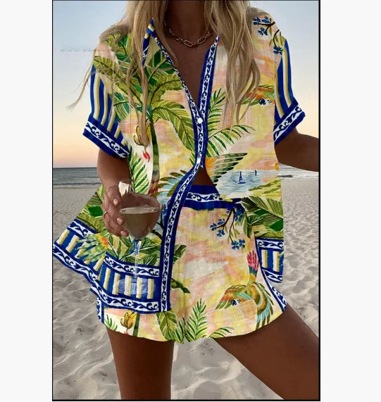 2025 New Summer Vacation Shorts Set 3D Printed Seaside Tropical Casual Lapel Shirt Blouse Top Shorts 2-Piece Suits Beach Holiday