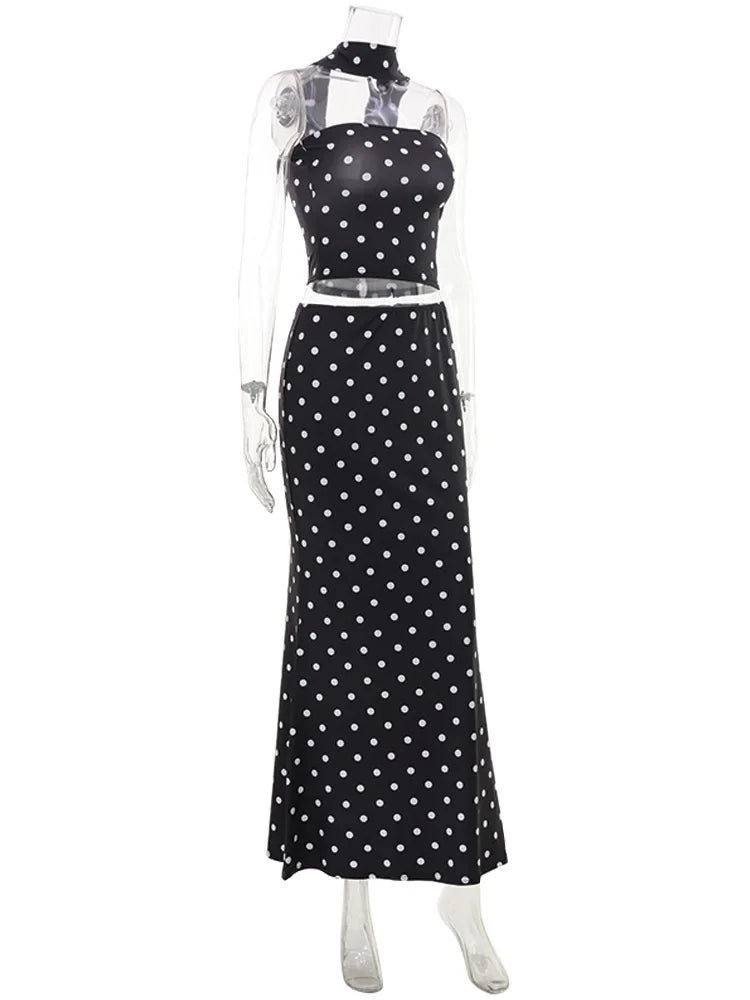 Ahagaga Fashion Women's Strapless Suits With Scarf Polka Dot Summer Regular Causal 2Pcs (Tops+Skirts) Sexy Slim Fit Female Sets