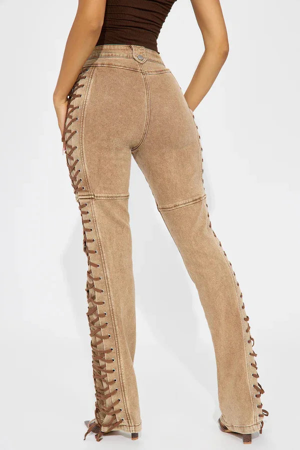 Europe America New Fashionable Women's Straight-leg High-waisted Jeans, Featuring Lace-up Straps and Drawstrings for Hot Girls