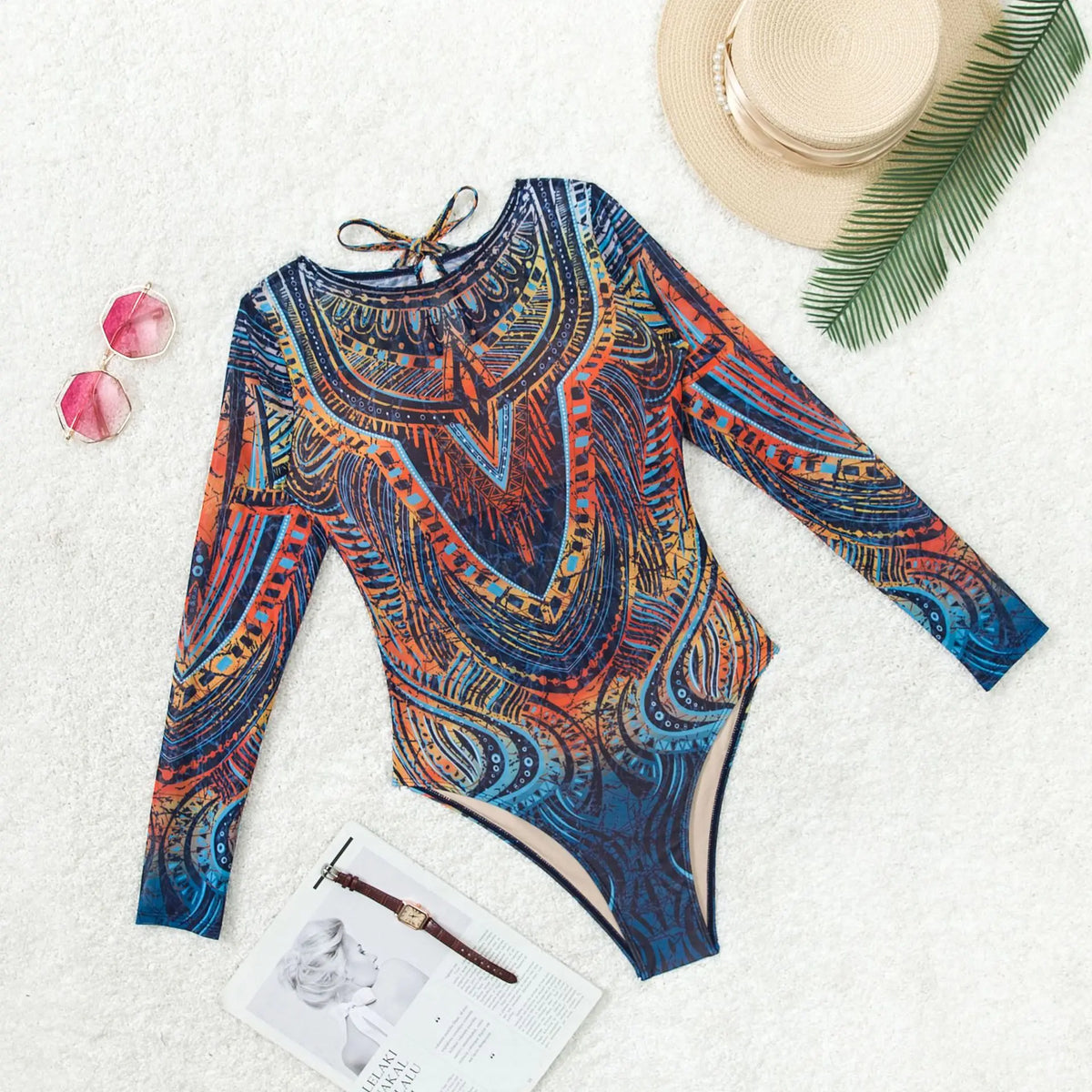 NEW Print Patchwork Sports Swimsuit for Women,Long Sleeve Zipper Conservative Bikini Monokini,beach Vacation Suit 2025
