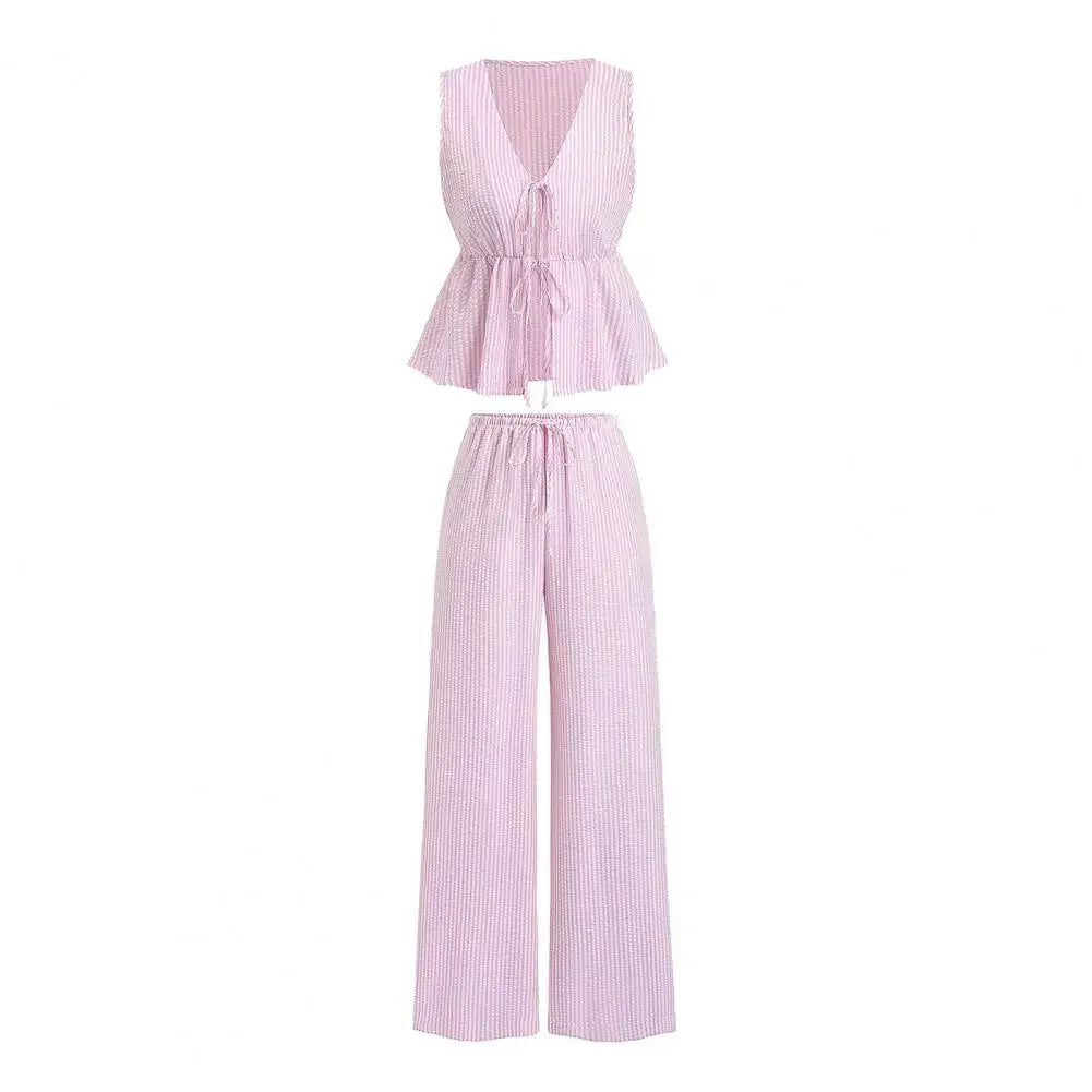 Women's Summer Striped Lace-up 2 Piece Outfits Tie Front Ruffle Lightweight Sleeveless Tank Top and Wide Leg Pants Lounge Sets