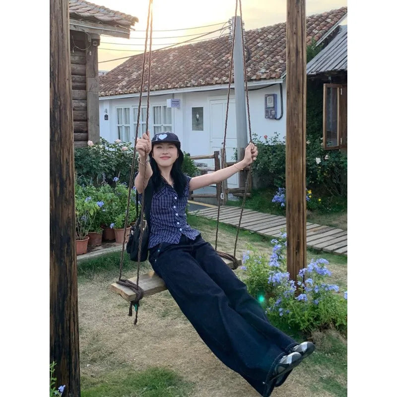 American Retro Blue Jeans Women Y2k Vintage Oversized High Street Wide Cargo Denim Trousers Casual Baggy Straight Denim Pants