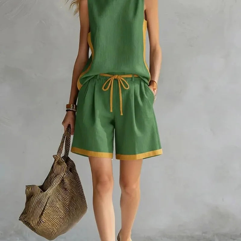 Women Color Block Sleeveless Tank Top Drawstring Shorts Two Piece Set Casual Loose Summer Outfit