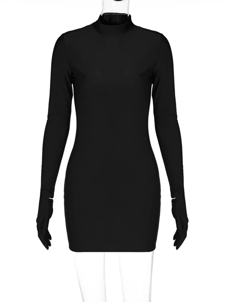 Solid Long Sleeve Mini Dress with Gloves Sexy Streetwear Party Outfit Half Turtleneck Bodycon Y2K Style Wholesale
